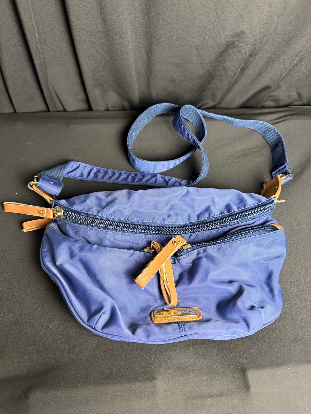 Adrienne Vittadini Blue Nylon Multi Zip Crossbody Purse Sling Bag